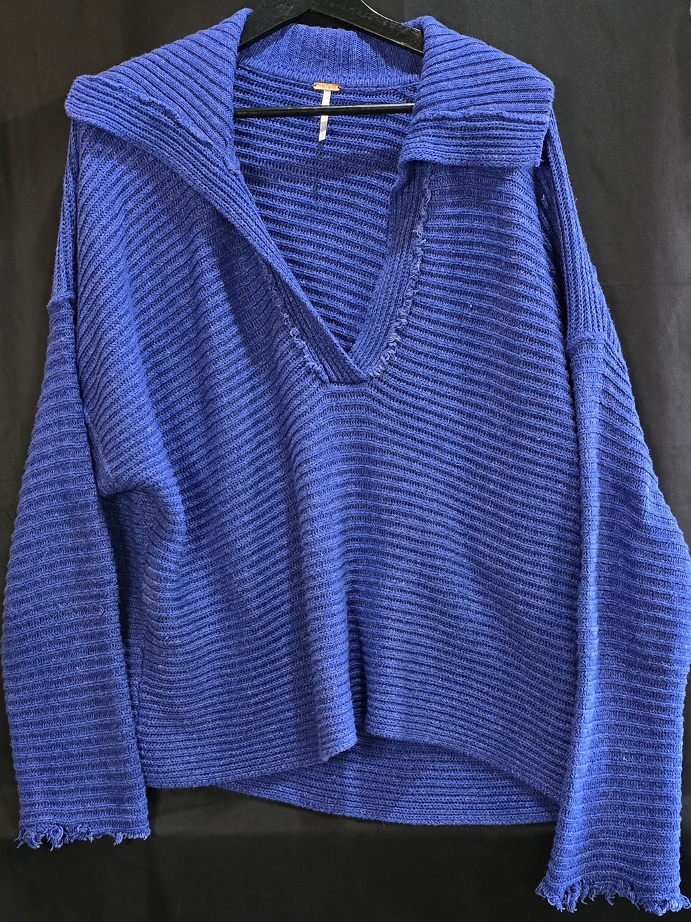 Free People Marlie Cobalt Blue Ribbed V-Neck Frayed Trim Pullover Sweater